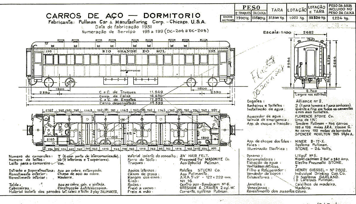 Trem Farroupilha | Vagões Dormitório nº 195 a 199 |  Desenho, medidas e especificações