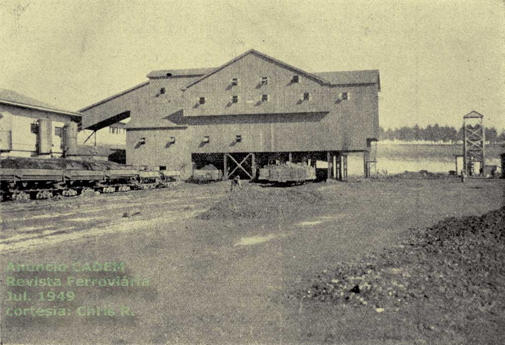 Instalações de beneficiamento e lavagem de carvão, com capacidade para 100 toneladas / hora, conforme Anúncio do Cadem - Consórcio Administrador de Empresas de Mineração na Revista Ferroviária, Jul. 1949