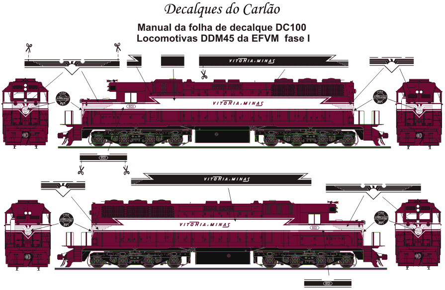 Manual da folha de decalques para ferreomodelos de locomotiva DDM45 da EFVM - Estrada de Ferro Vitória a Minas - fase I - pintura da águia