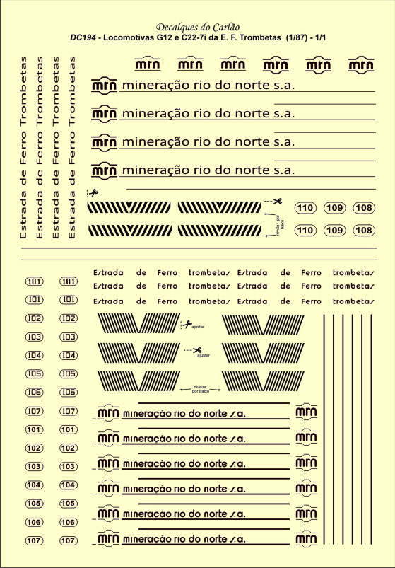 Decalques para ferreomodelos de locomotivas EF Trombetas / Mineração Rio do Norte