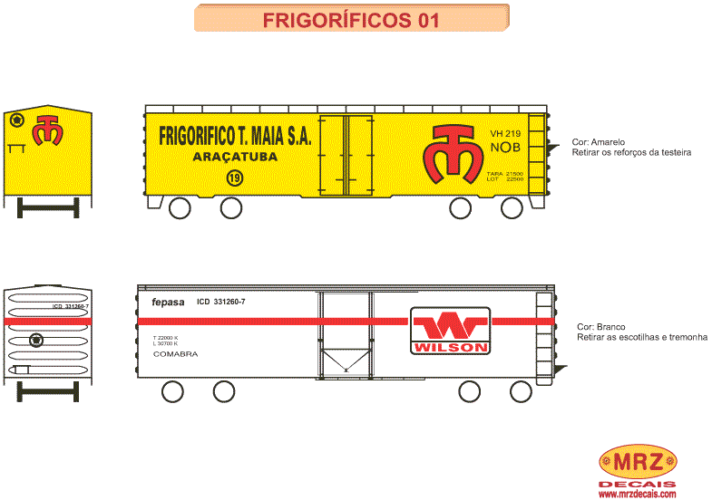 Folha de instruções dos decalques para Vagões Frigoríficos nº 1: Tião Maia e Wilson