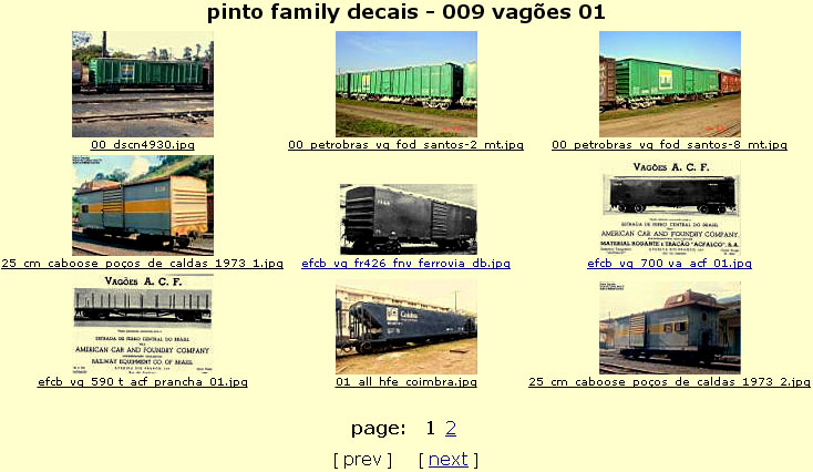 Primeira página dos decais para vagões, indicando os protótipos à escolha do ferreomodelista