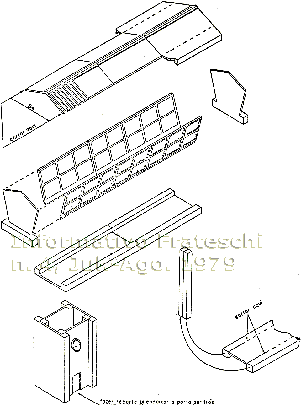 Esquema de montagem da cabine de sinalização ferroviária de estilo modernista, para maquetes de ferreomodelismo escala HO