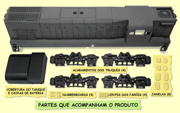 Casca e peças complementares do ferreomodelo de locomotiva G12, na versão "fase 1"