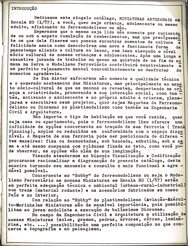 Orientações ao ferreomodelista na página 3 do catálogo da Miniaturas Artesanais