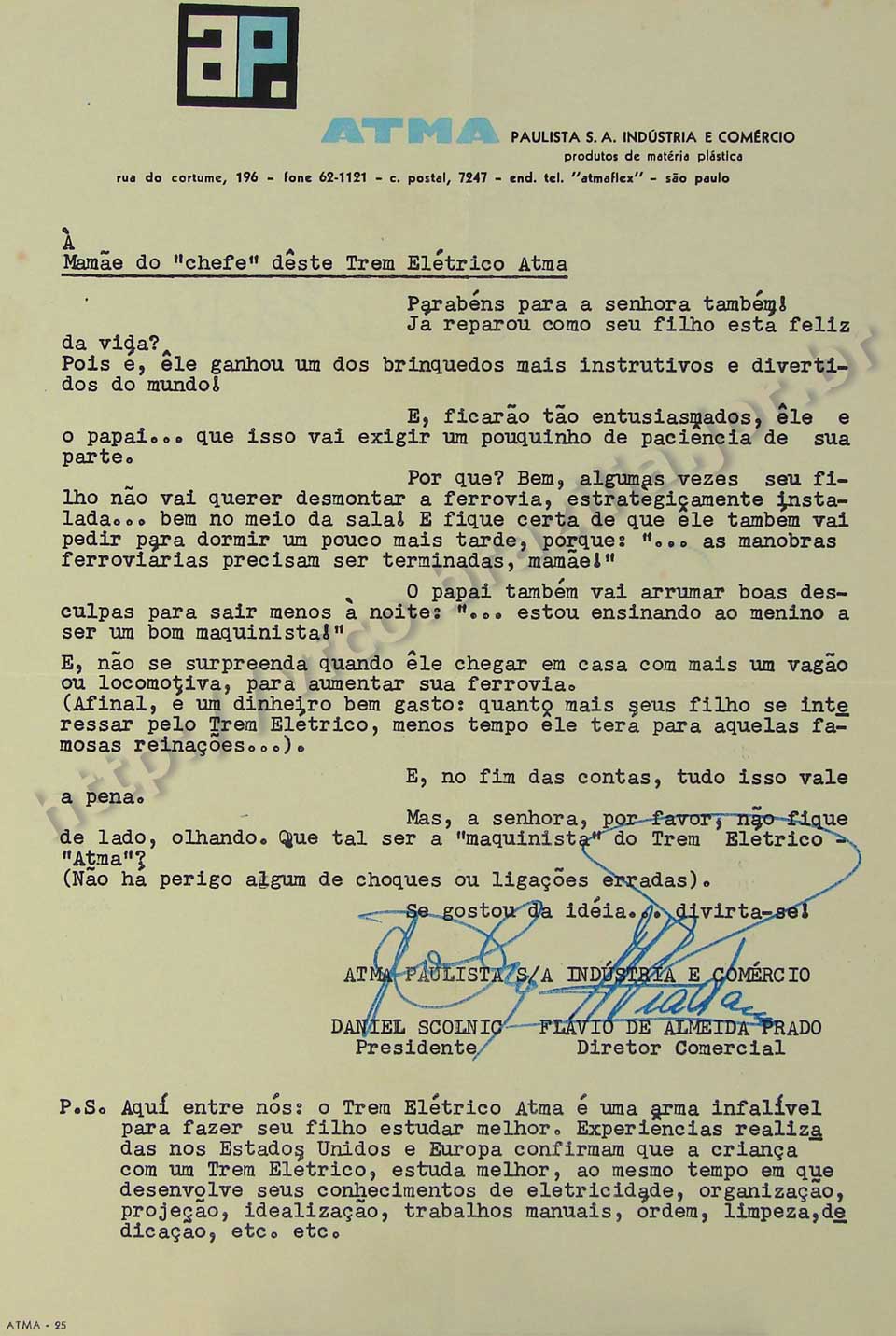 Carta à mamãe do "chefe" do Trem Elétrico Atma, incluída na embalagem do conjunto de ferreomodelismo