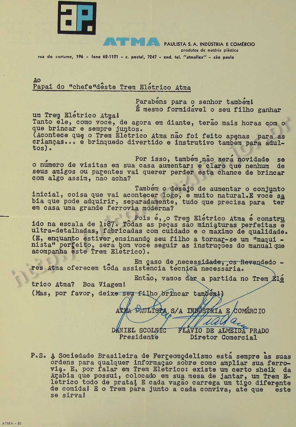 Carta da Atma ao papai do "chefe" do Trem Elétrico Atma, para estimular a prática do ferreomodelismo