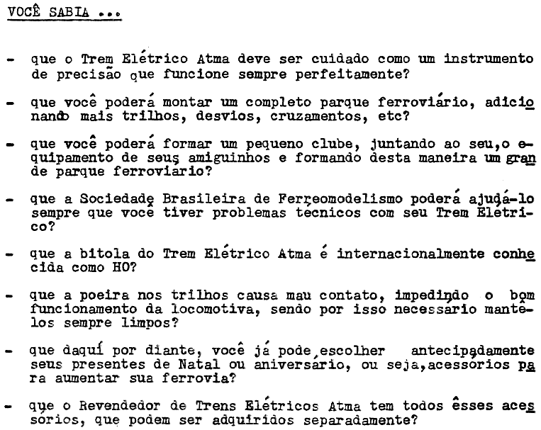 "Você sabia?"...  Mais algumas curiosidades da Atma, incluídas no conjunto básico de ferreomodelismo