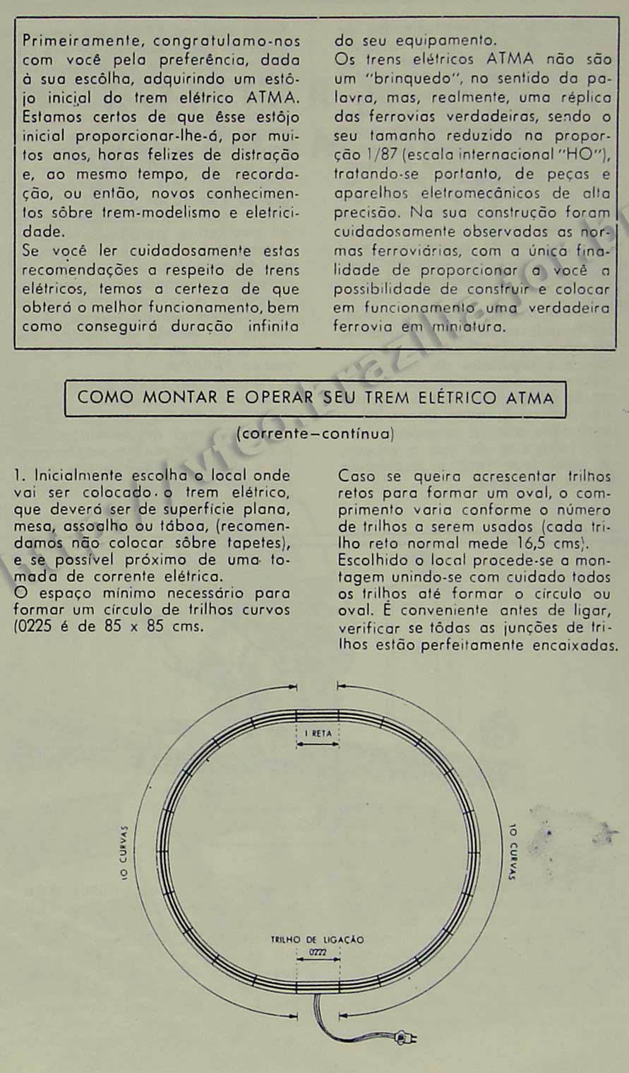 Apresentação e orientações básicas ao iniciante, na Página 1 do manual "Como montar e operar seu trem elétrico Atma" para maquete de ferreomodelismo