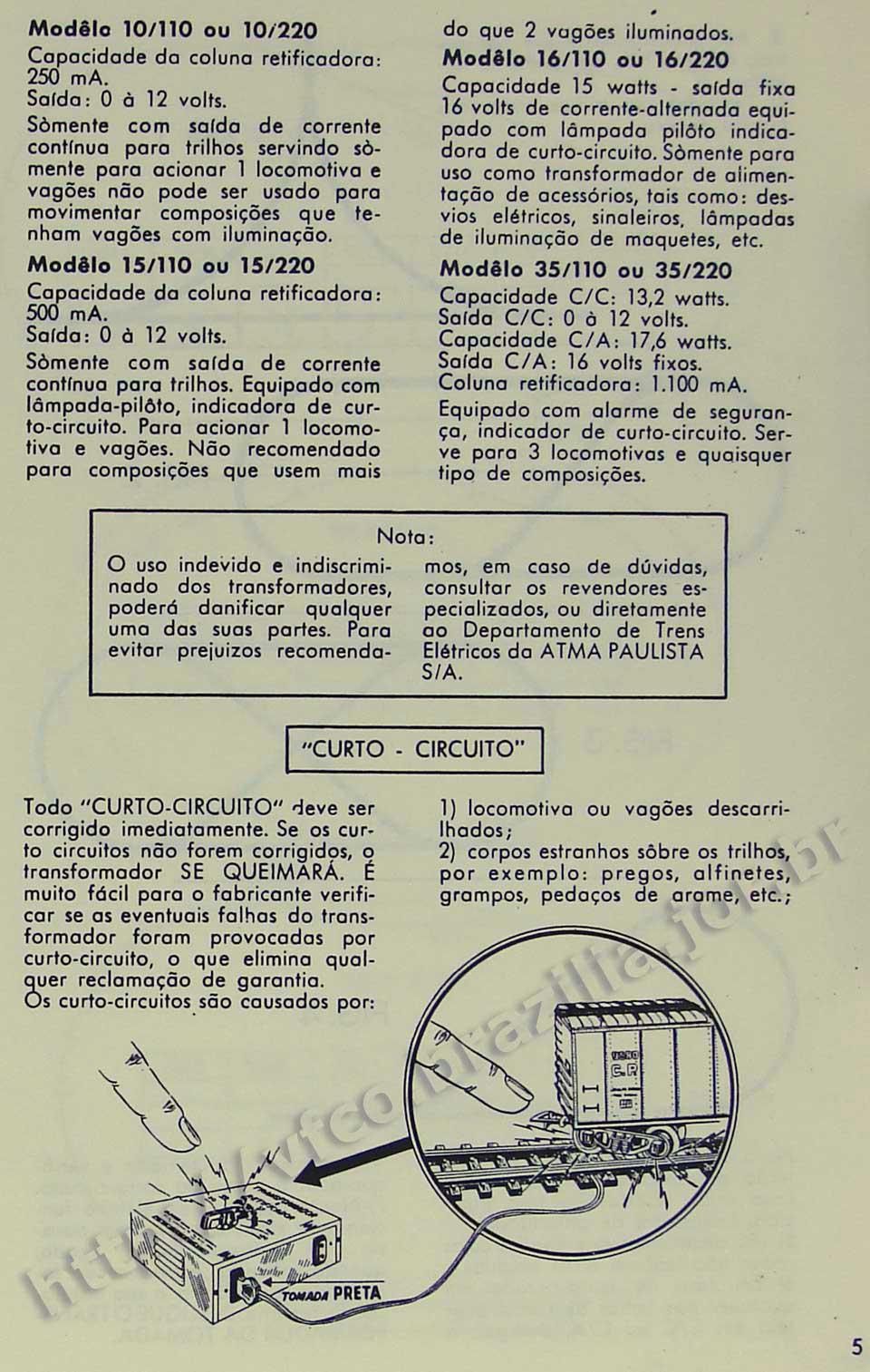 Modelos de controladores e cuidados com curto-circuito, na Página 5 do manual "Como montar e operar seu trem elétrico Atma" para maquete de ferreomodelismo