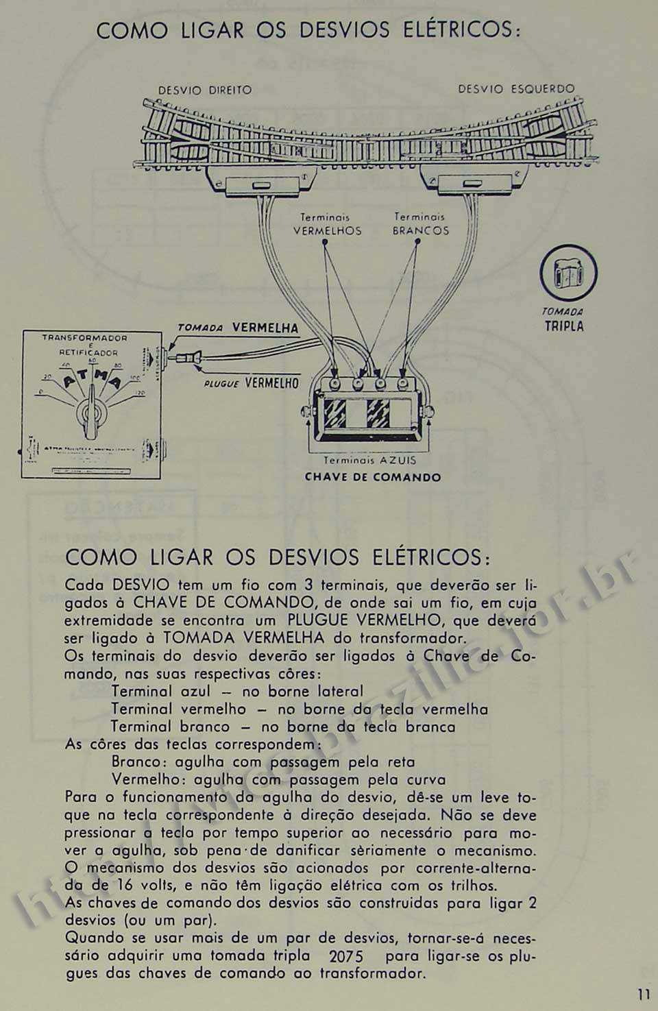 Ligações e chave de comando dos desvios, na Página 11 do manual "Como montar e operar seu trem elétrico Atma" para maquete de ferreomodelismo