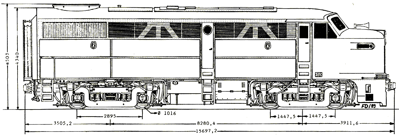 Desenho e medidas da loomotiva Alco FA1