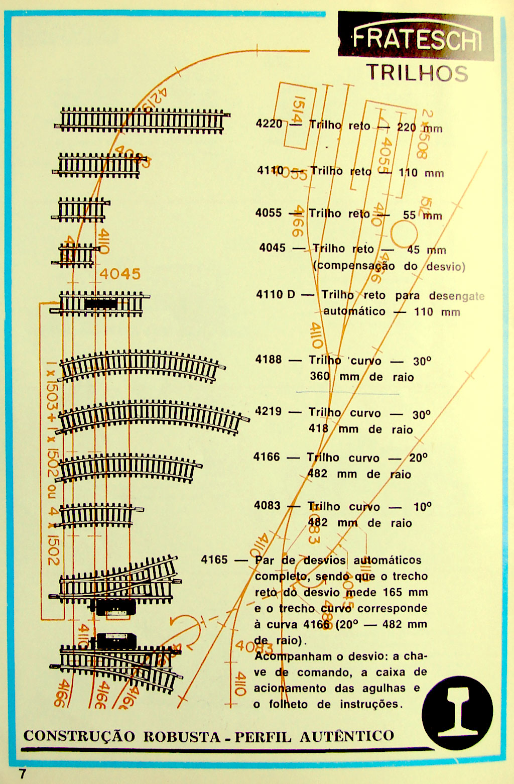 Nos catálogos Frateschi das décadas de 1970 e 1980, imagens e especificações detalhadas dos "trilhos"