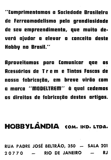 Anúncio em que a Hobbylândia comunicava a transferência de sua linha de produtos para  a Modeltrem