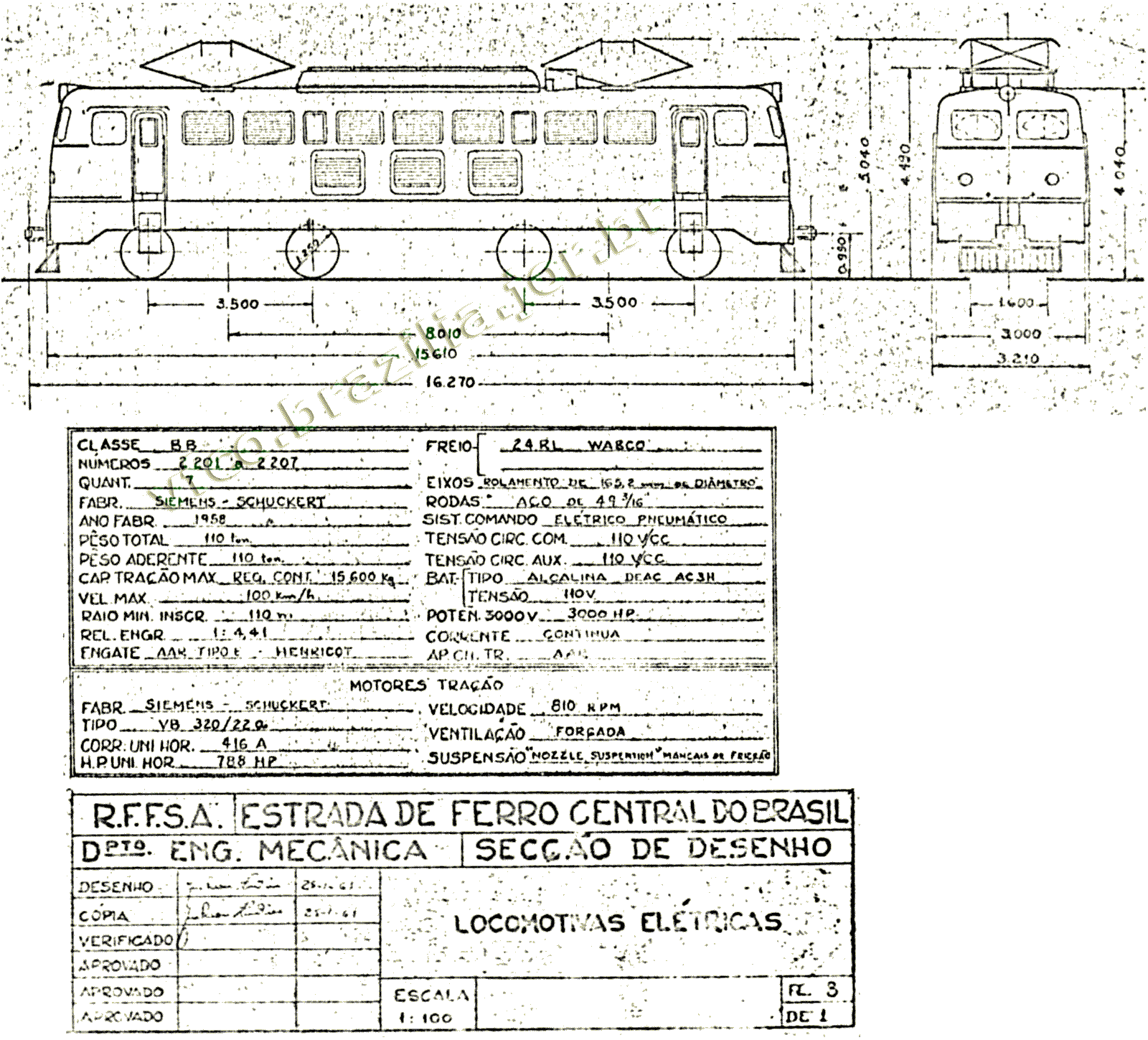 Desenho e características da locomotiva elétrica Siemense C-C "Põ de Fôrma"