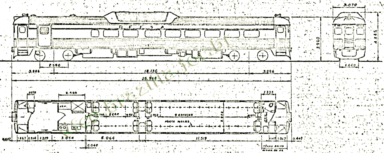 Desenho e medidas das Automotrizes (litorinas) Budd RDC ED-51 e 52