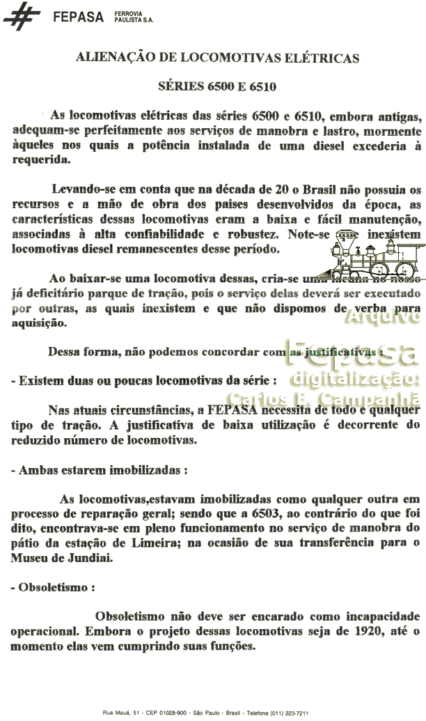 Página inicial do ofício sobre as locomotivas elétricas