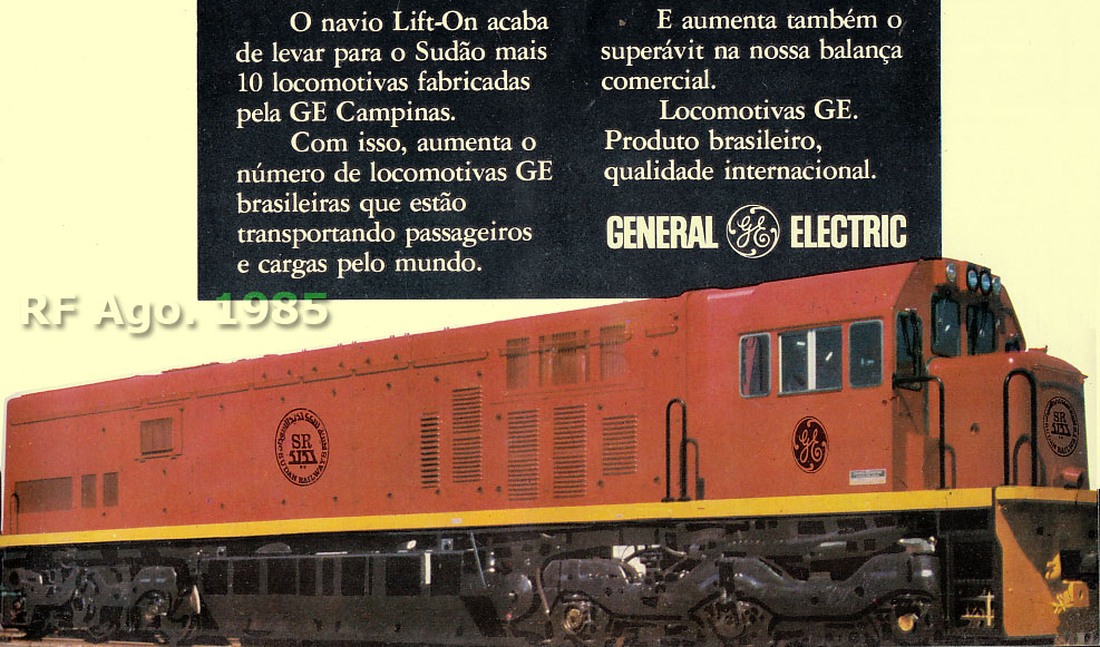 Anúncio do embarque das 10 locomotivas U20C da GE Brasil para Sudan Railways, publicado na Revista Ferroviária de Agosto de 1985