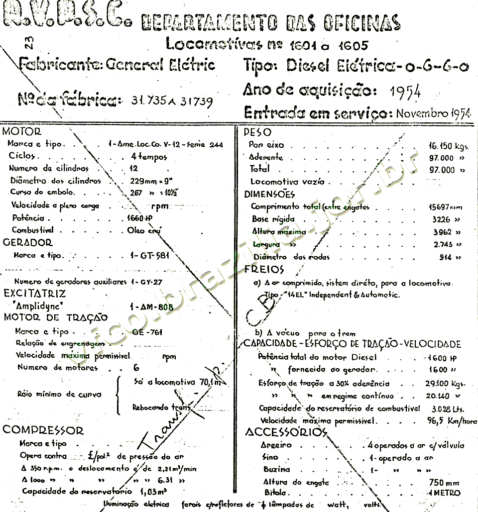 Ficha de características das locomotivas GE 244 já com números 1601 a 1605, registrando a transferência para a Estrada de Ferro Central do Brasil