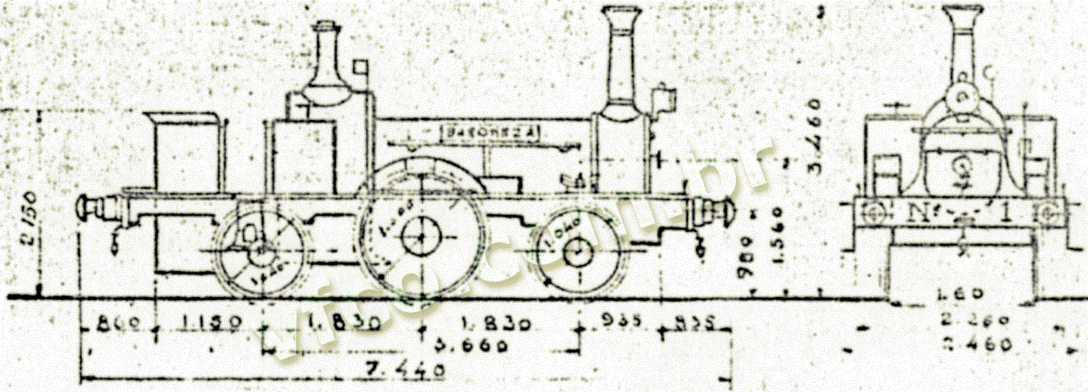Desenho e medidas da locomotiva Baronesa na planta da EFCB - Central do Brasil
