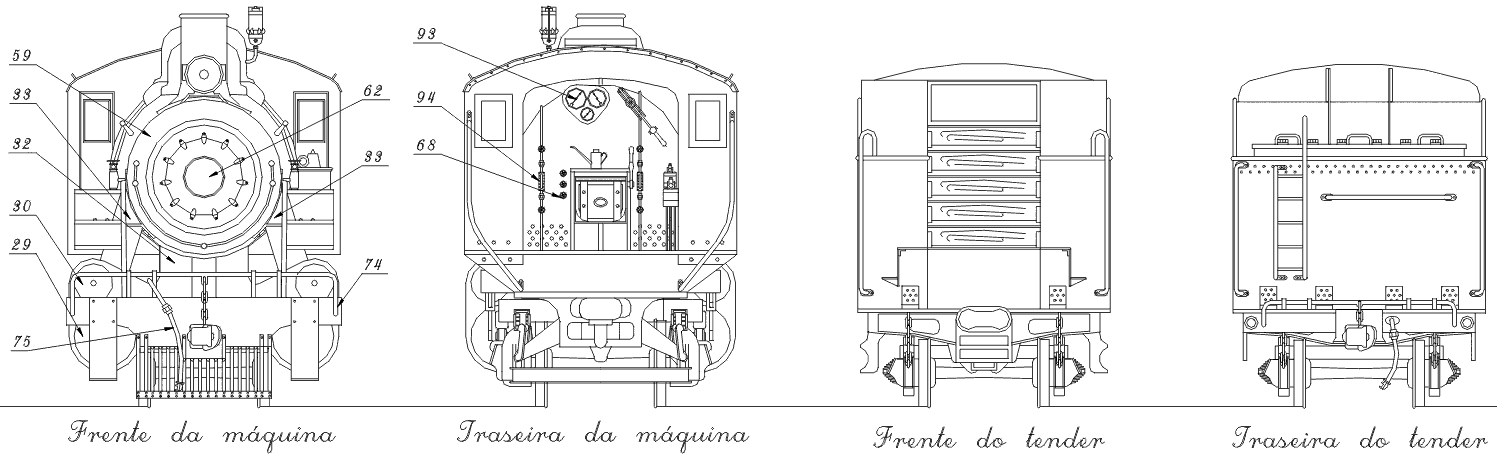 Vista de frente e de trás, da locomotiva e do tênder