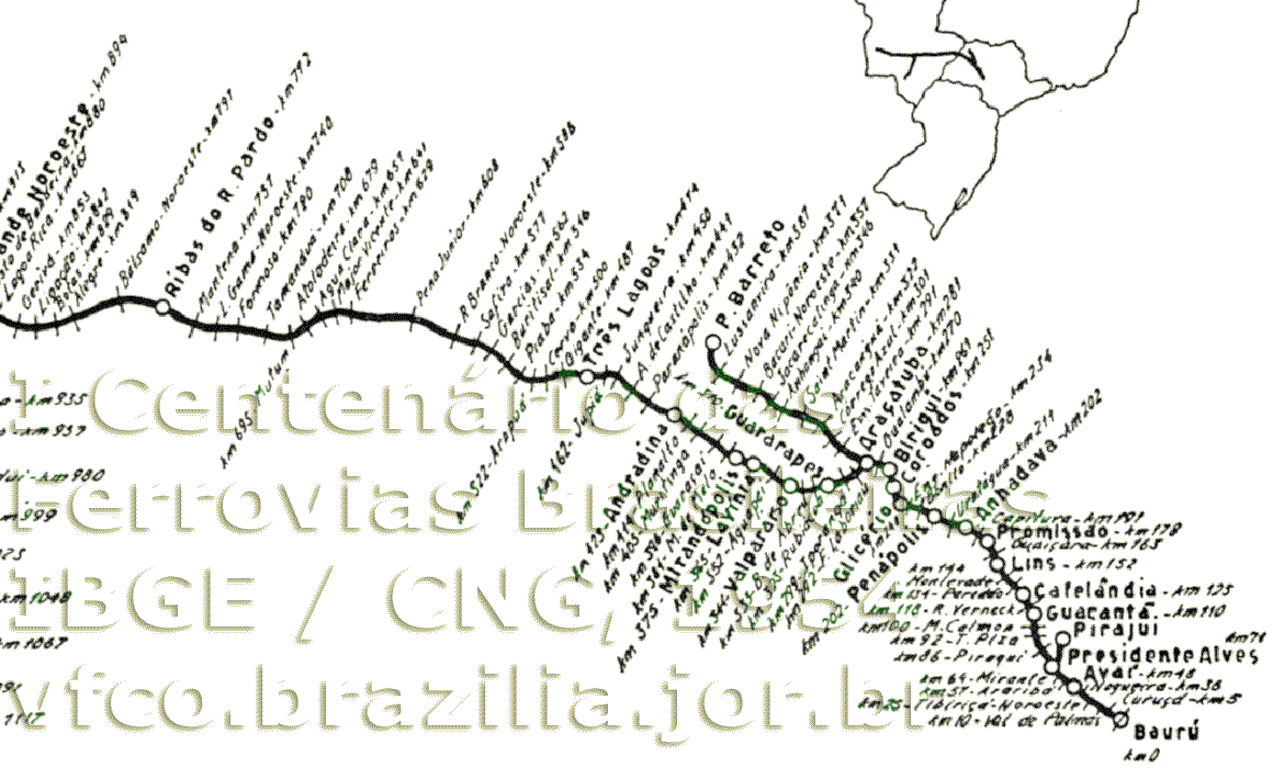 Mapa da Estrada de Ferro Noroeste do Brasil em 1954 - trecho de Bauru a Ribas do Rio Pardo e Ramal de Lussanvira