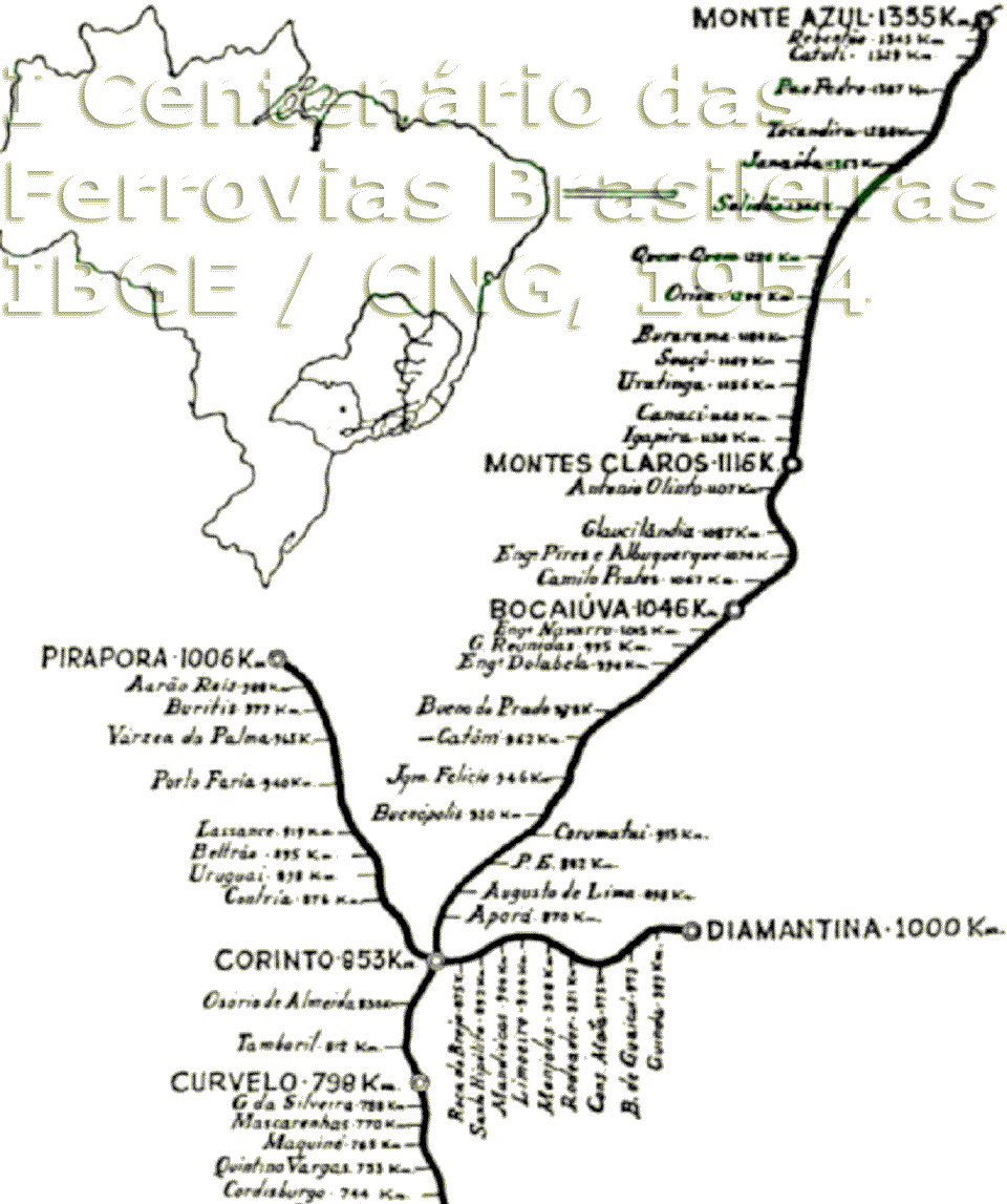 Mapa da Estrada de Ferro Central do Brasil no norte de Minas Gerais em 1954