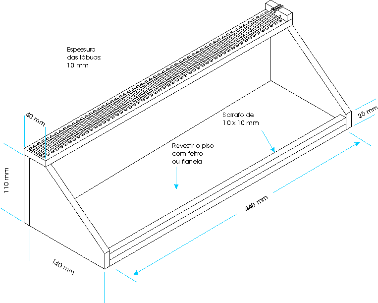 Desenho da caixa para a bancada de manutenção de vagões e locomotivas, com trilhos de teste e gabarito para ajuste dos engates