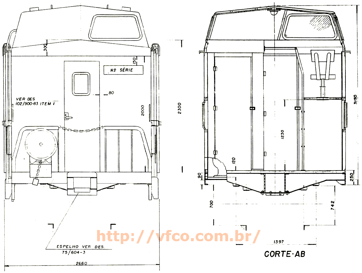 Desenhos e medidas do vagão caboose da Fepasa - Ferrovias Paulistas - vistas frontais