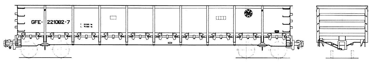 Desenho do Vagão gôndola GFE da EFVM - Estrada de Ferro Vitória a Minas, construído pela Mafersa