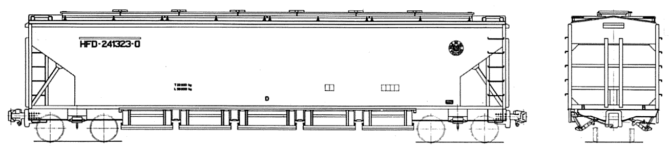 Desenho do Vagão hopper fechado (graneleiro) HFD da EFVM - Estrada de Ferro Vitória a Minas, construído pela Mafersa