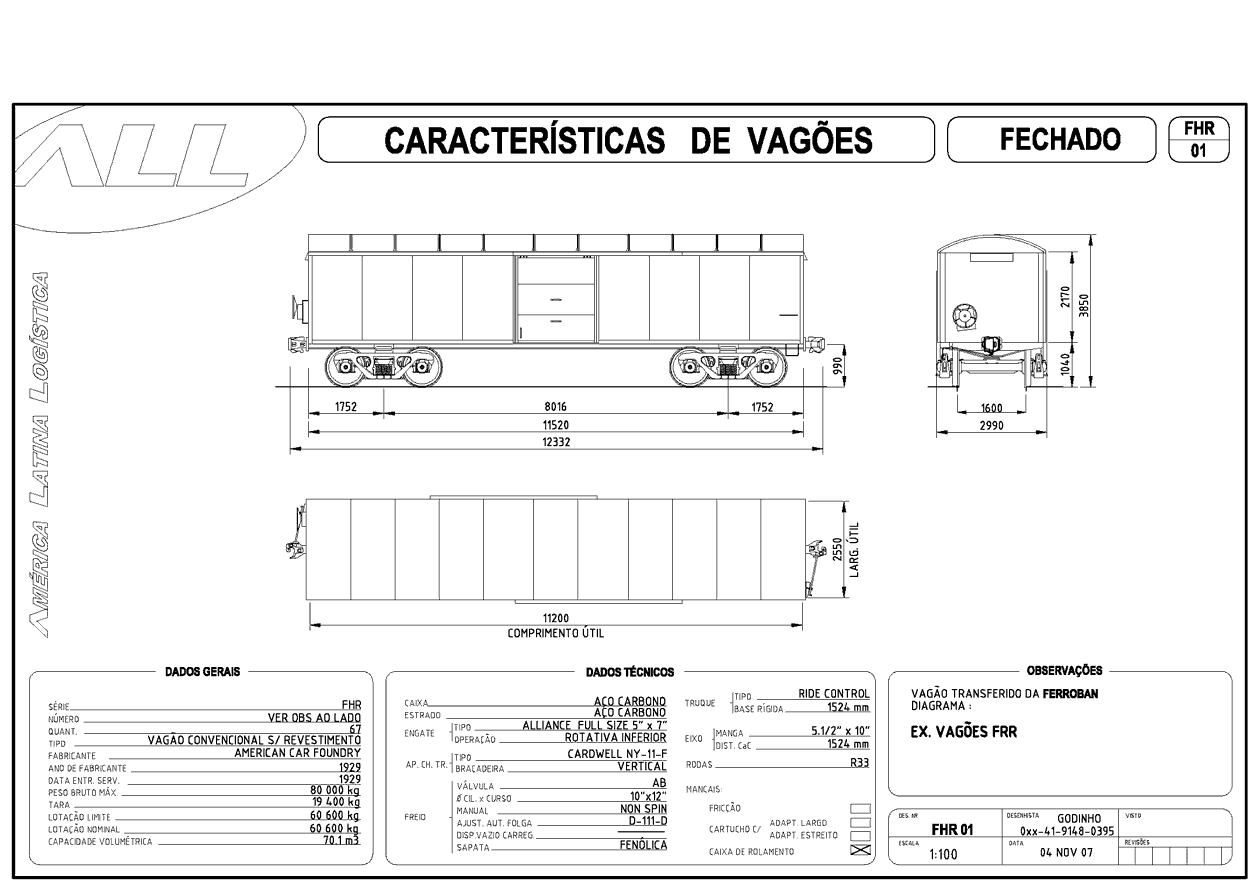 Planta do vagão fechado FHR da ferrovia ALL - América Latina Logística: desenho, medidas e características