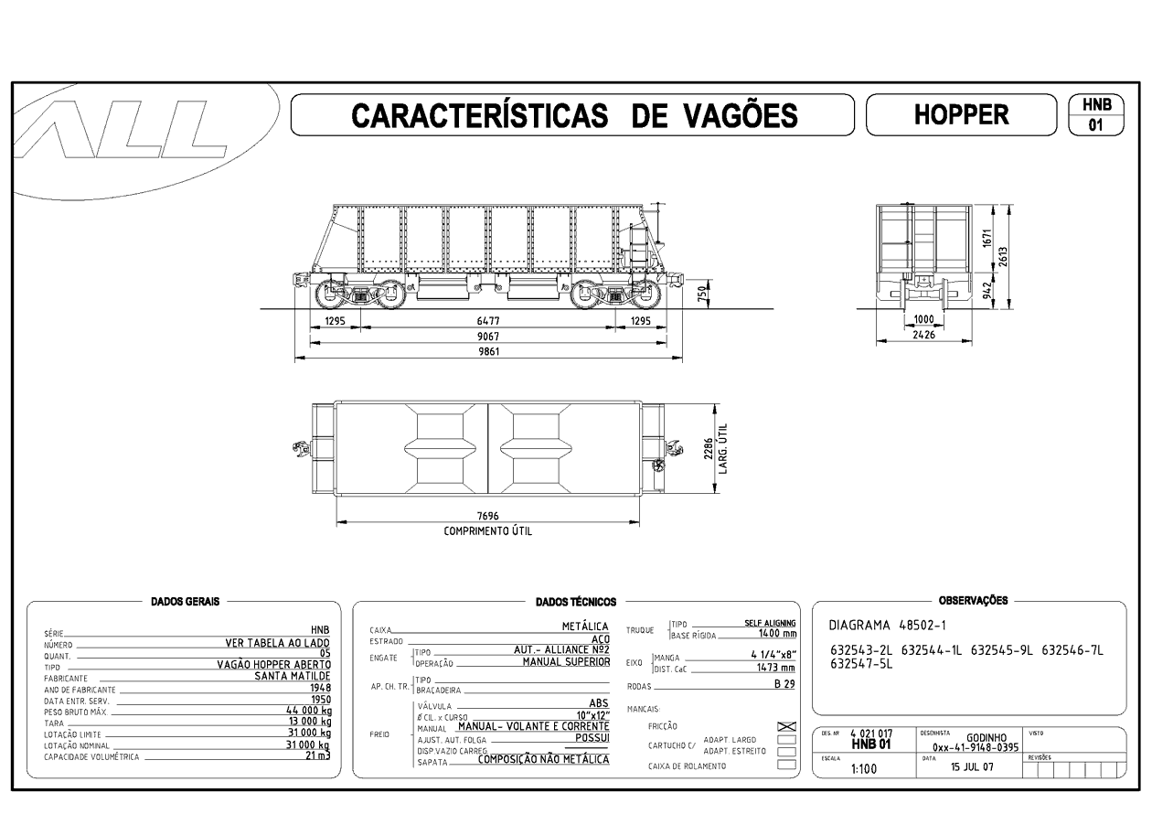 Planta do vagão hopper aberto HNB da ferrovia ALL - América Latina Logística: desenho, medidas e características