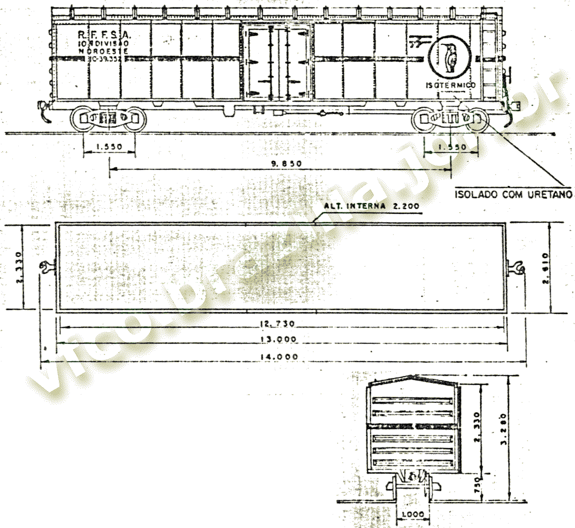 Desenho e medidas dos vagões isotérmicos IC-39311-39383 RFFSA / NoB