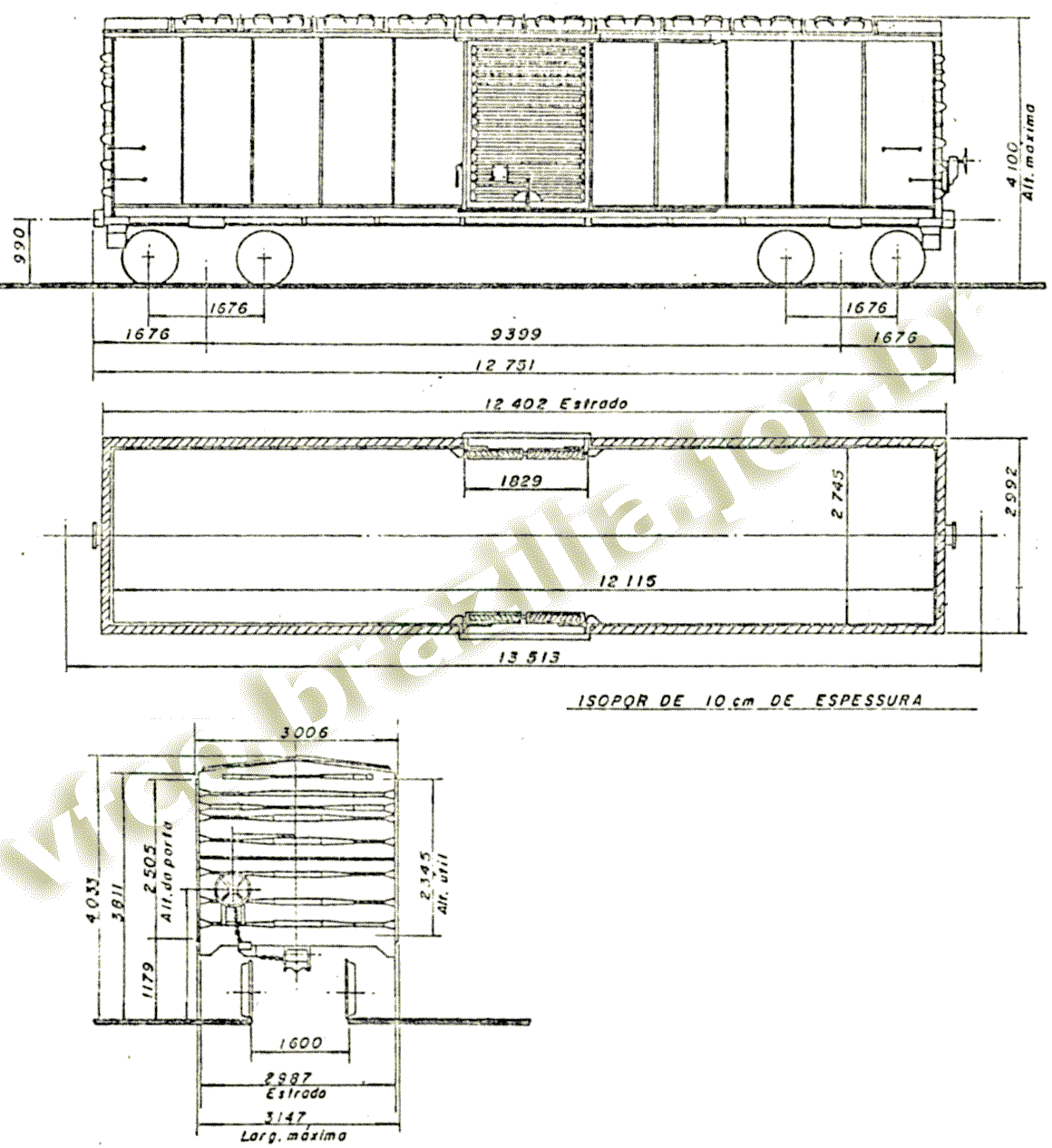 Desenho e medidas dos vagões isotérmicos ICR-359600-359622 e ICR-359764-359770 Fepasa