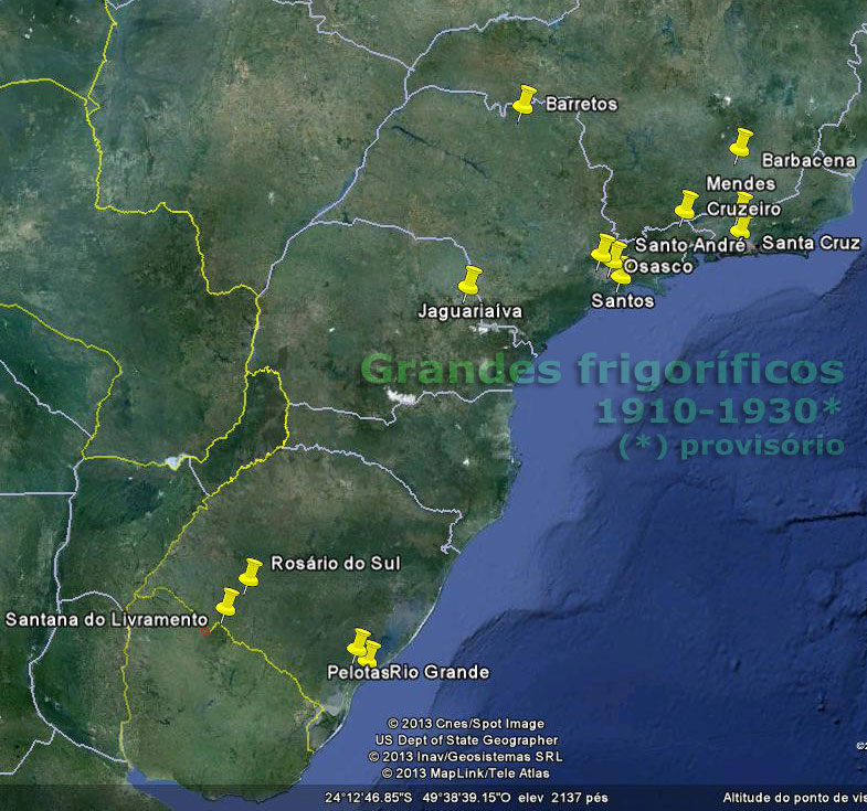 Localização dos principais frigoríficos instalados no Brasil de 1910 a 1930, em relação às ferrovias da República velha